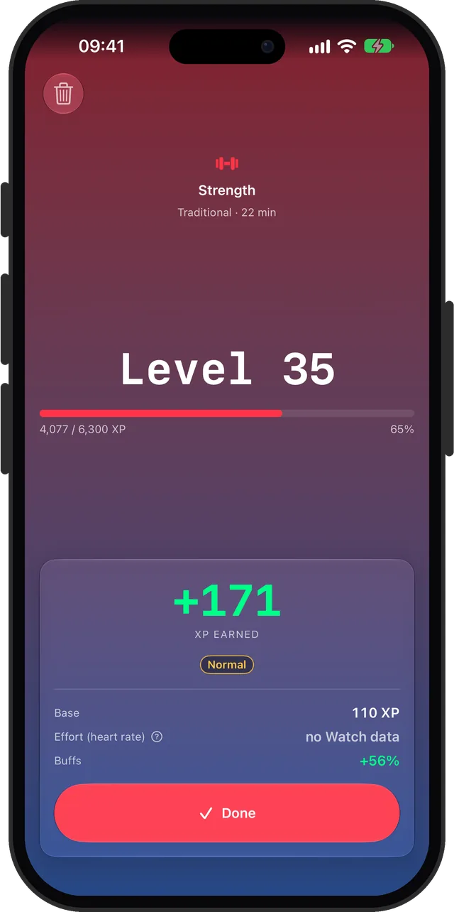 A finished session: 171 XP earned, with base XP, effort and buffs listed