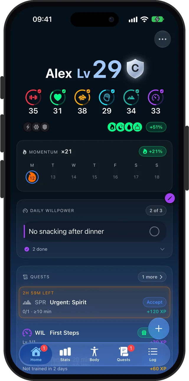 CharacterSheet on iPhone: a level 29 character with six stats, a 21-day Momentum streak, Daily willpower and quests