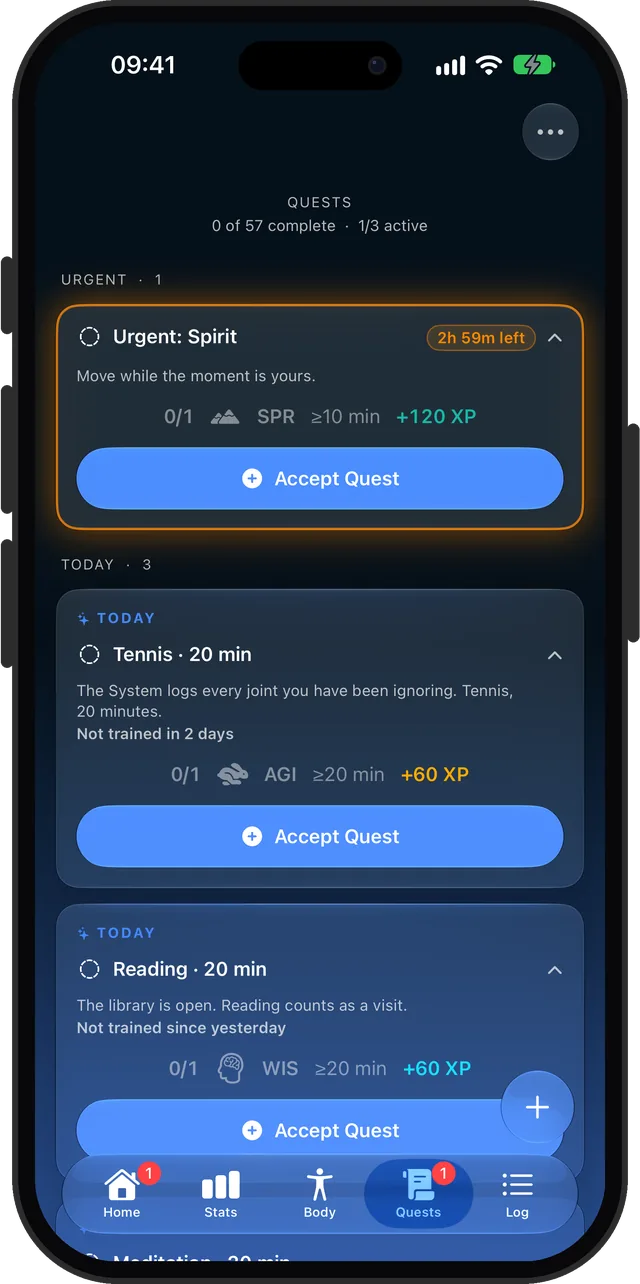 The Quests board: an urgent quest with a countdown, and today's quests