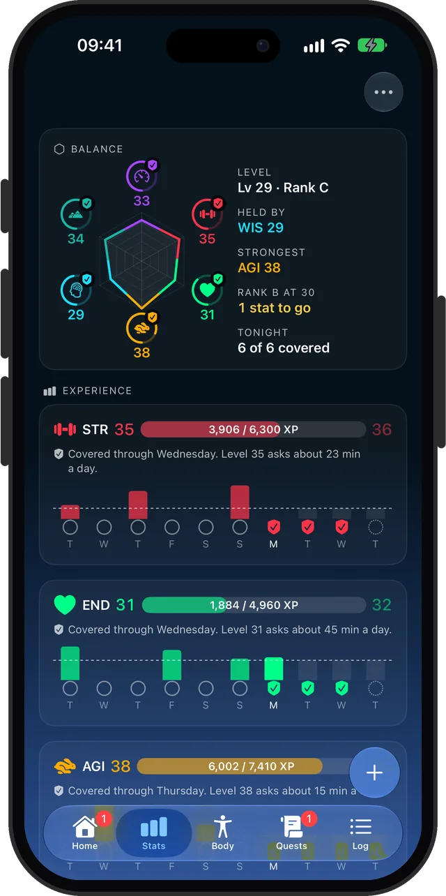 The Stats tab: a radar of the six stats with the level, the rank and the stat holding it