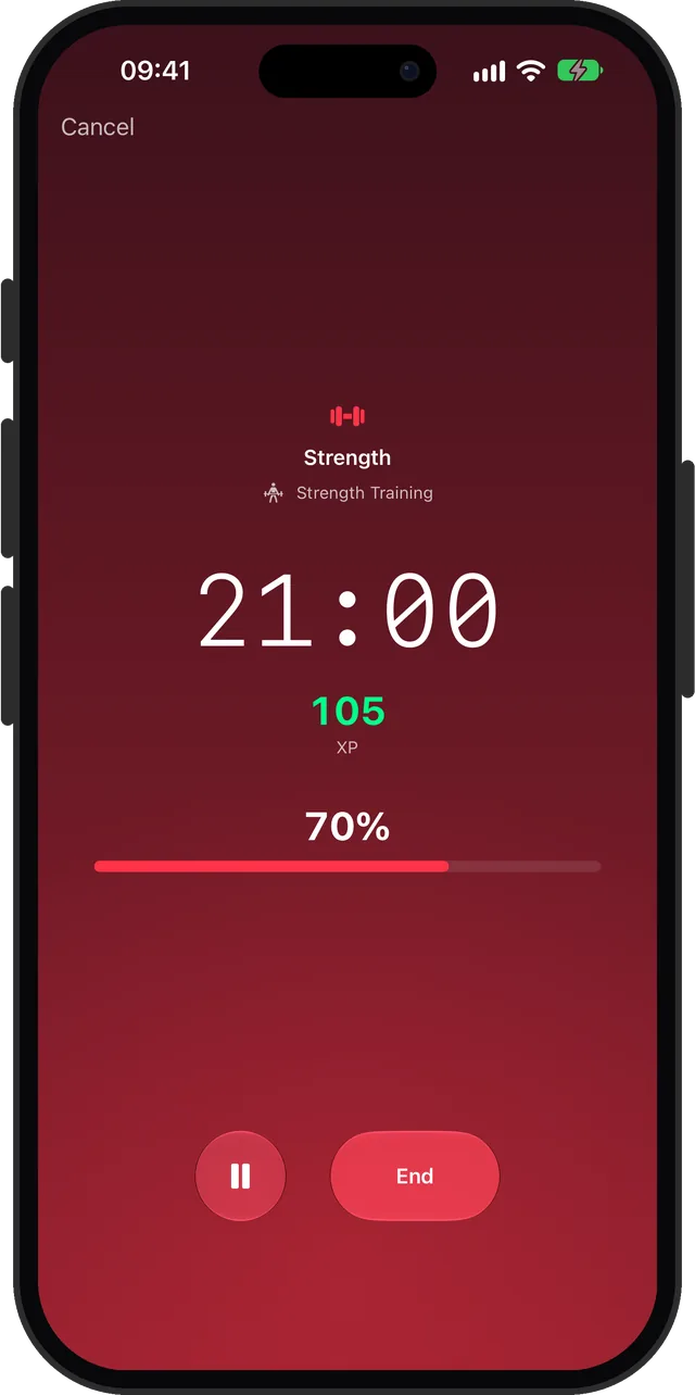 A running Strength session: 21 minutes on the timer and 105 XP so far